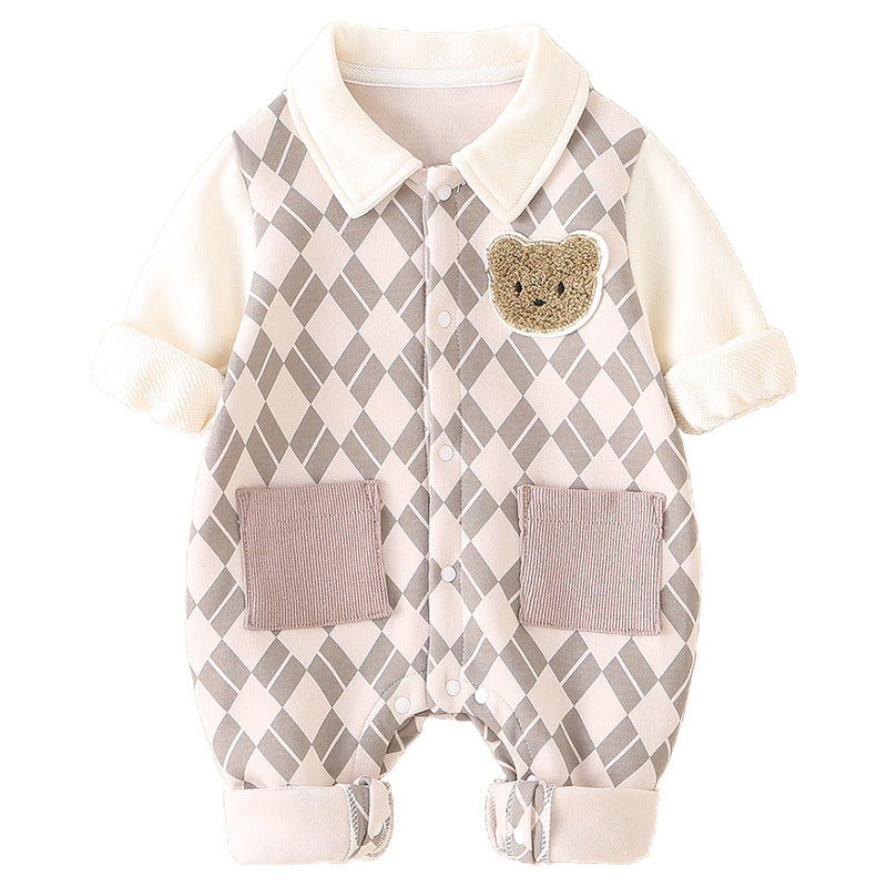 Autumn Baby Collared Jumpsuit with Bear Patch | Adorable Printed Baby Clothes