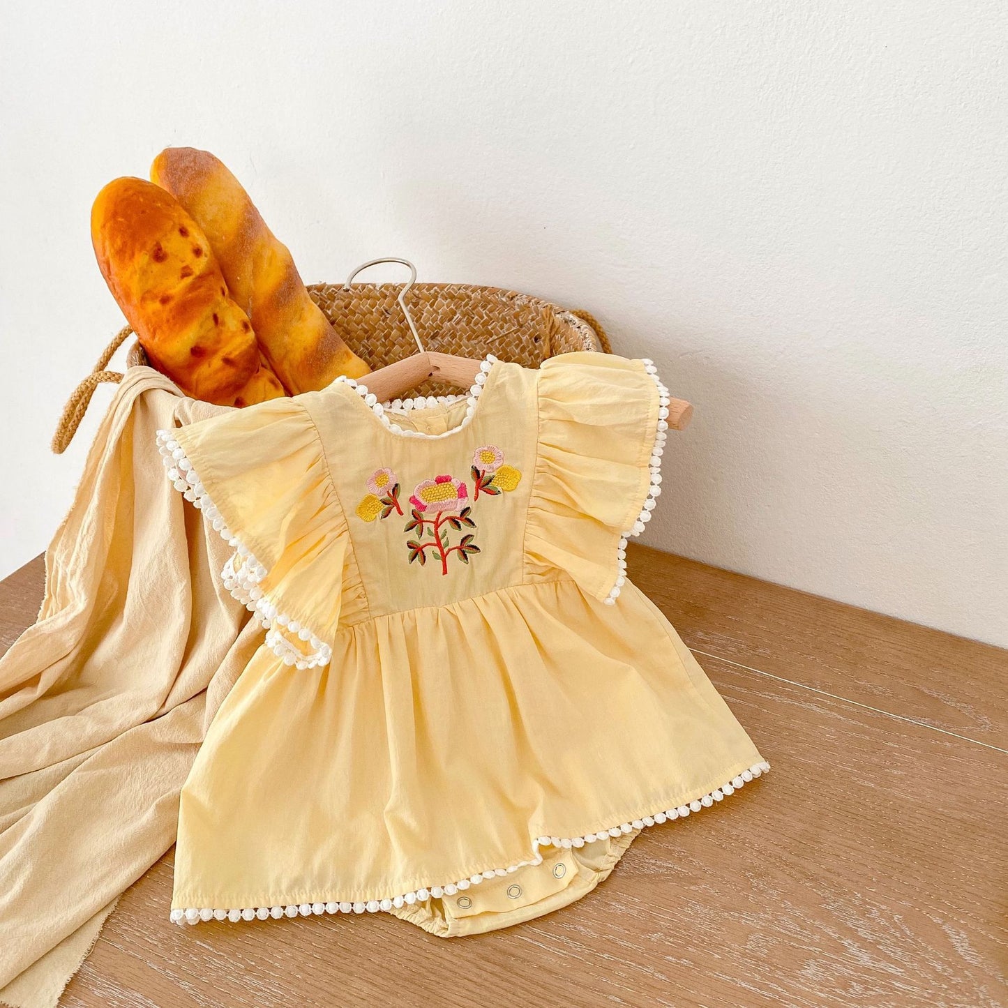 Elegant Baby Girl Embroidered Ruffled Sleeve Lace Romper - Stylish Infant Outfit