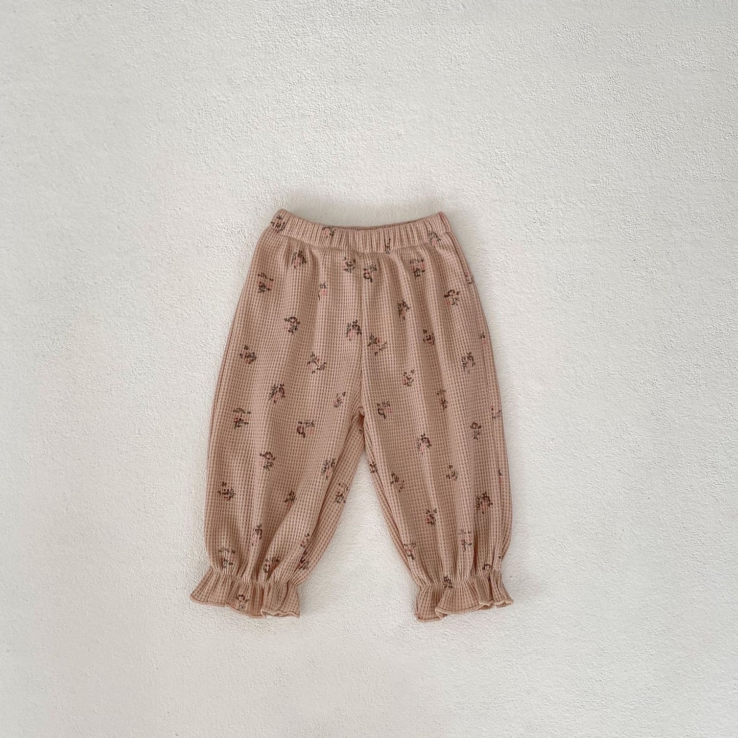 Baby Floral Waffle Print Elastic Cord Ankle-Tied Trousers