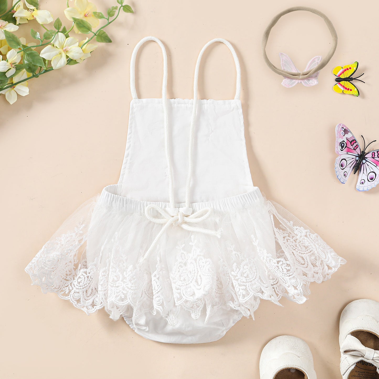 Enchanting Elegance: Girls' Butterfly Lace Spaghetti Strap Princess Dress with Headband
