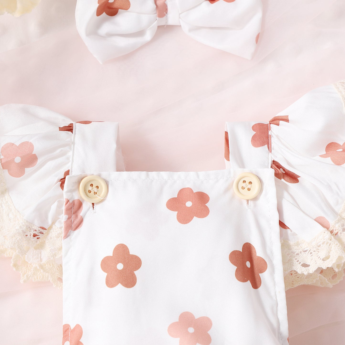 Adorable Baby Girl Lace Flounced Sleeve Printed Triangle Rompers