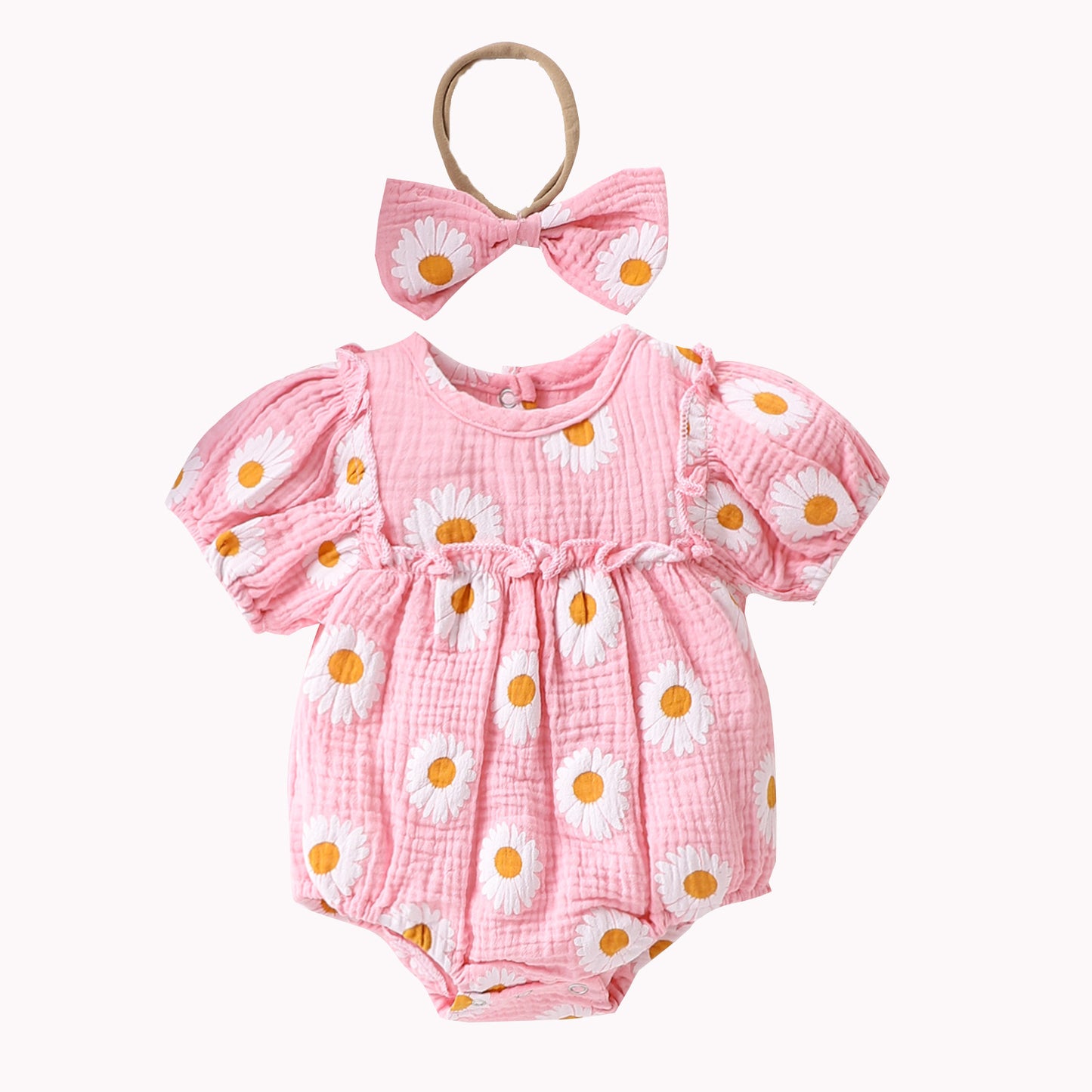Summer Baby Girl Floral Puff Sleeve Romper Set with Headband | Adorable Prints