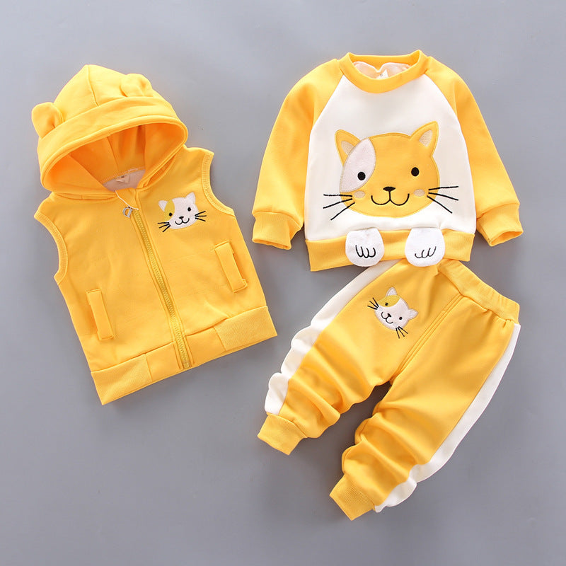 Adorable Baby Printed Hooded Sleeveless Vest Sweater and Trouser Set: Perfect for Your Little One's Comfort and Style