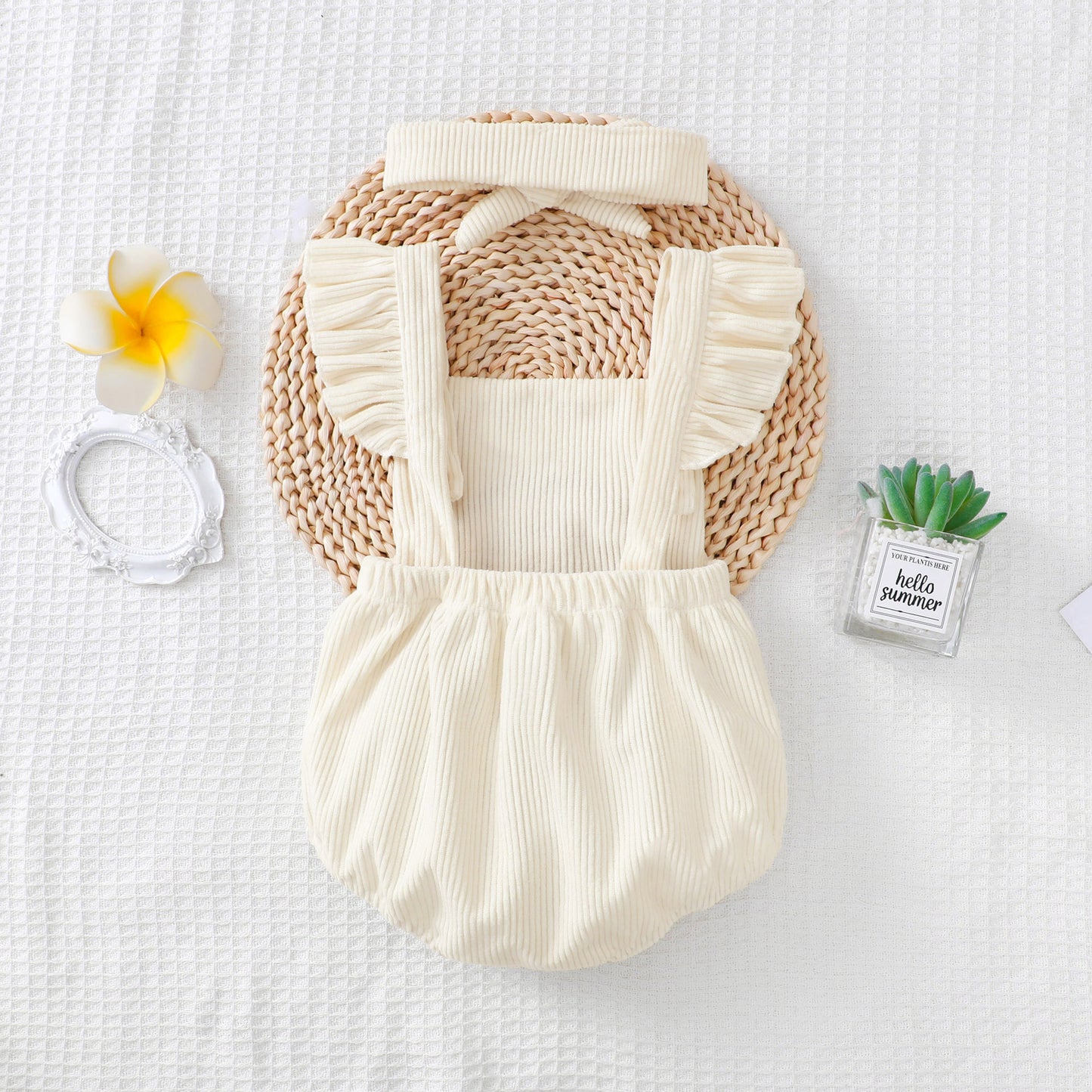 Embroidered Rainbow Neutral Baby Romper with Lace Sling Shoulder Strap And Head Band
