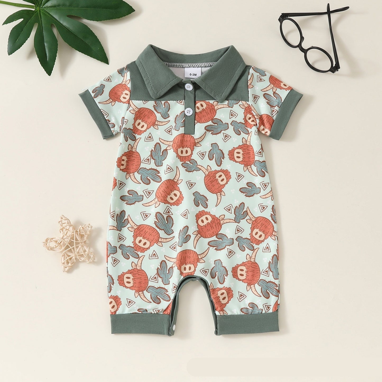 Adorable Cartoon Printed Baby Collared Pullover Short Sleeve Rompers