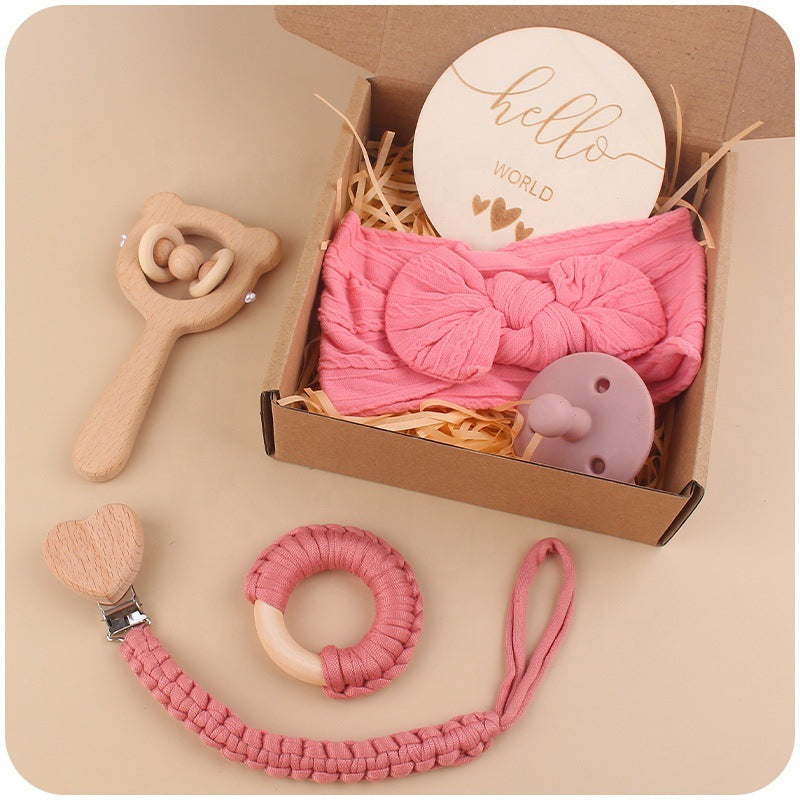 Teething Saliva Towel Set: Nipple Clip Chain, Cotton Towel, Wooden Rabbit Ears