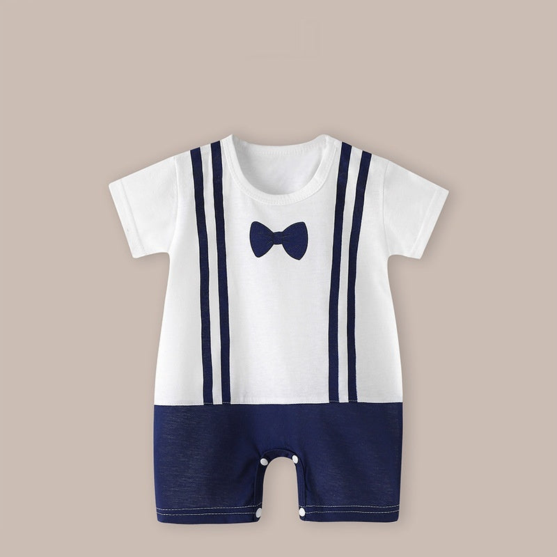 Cute Printed Baby Romper with Fake Suspender Design | Short Sleeve Newborn Outfit