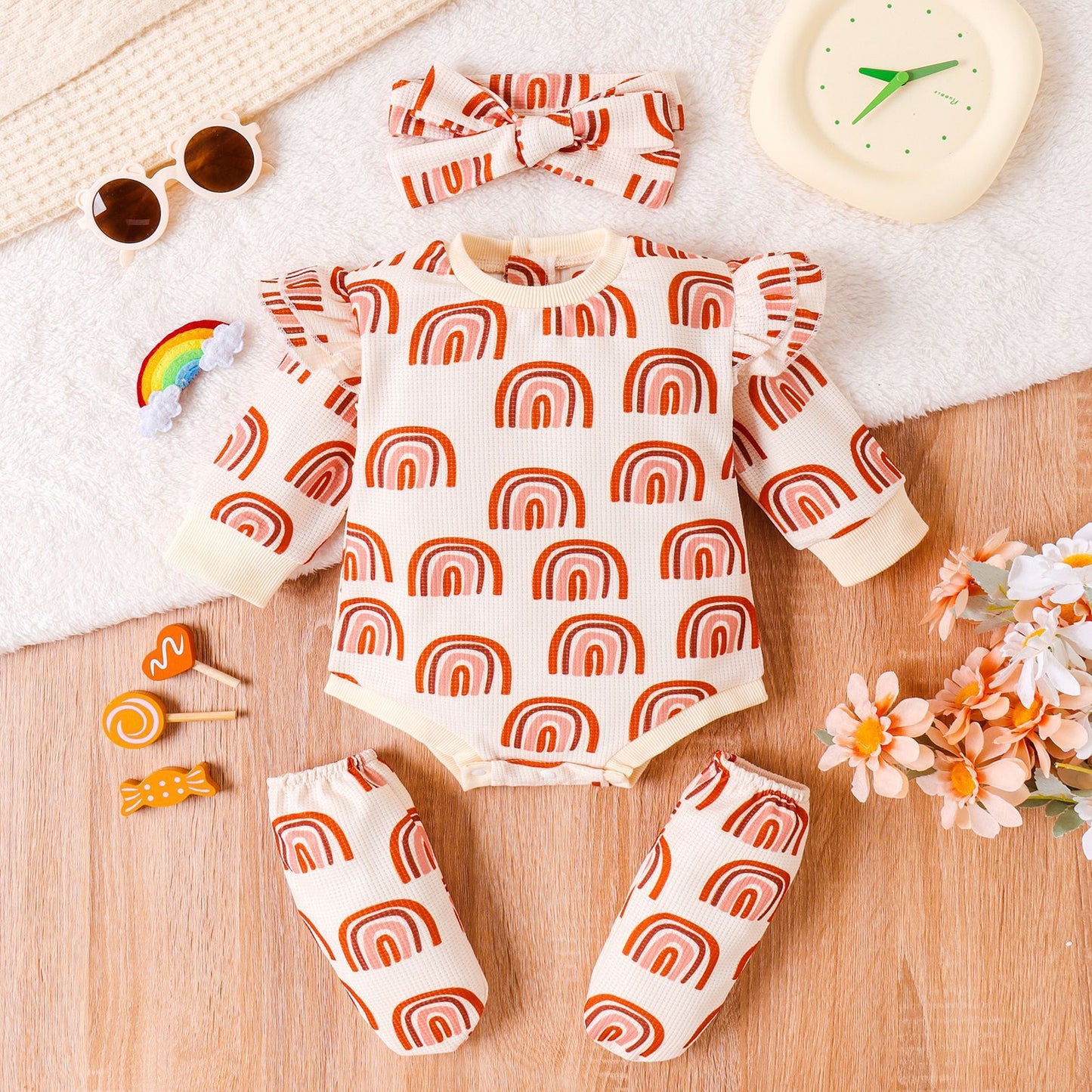 Colorful Children's Rainbow Printing Jumpsuit Suit with Headscarf and Booties - Three-piece Set