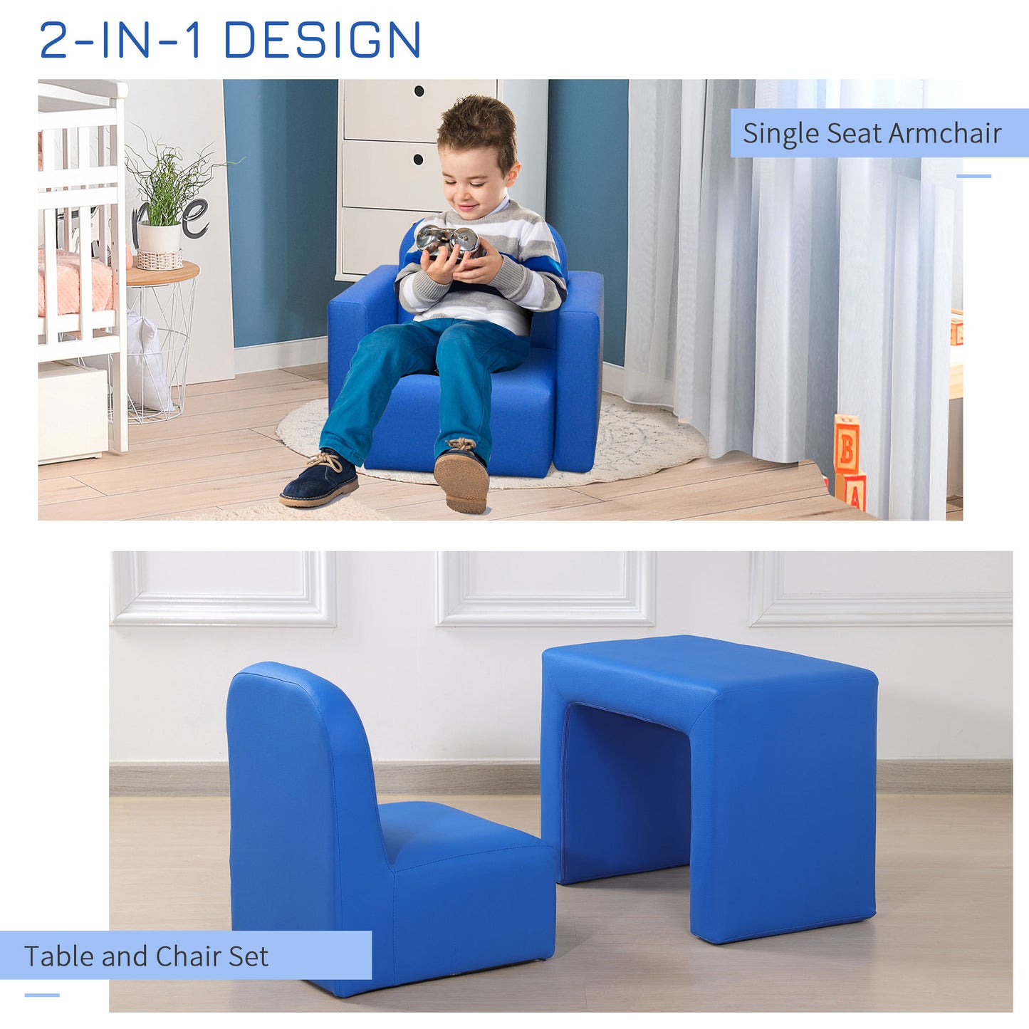 Blue 2-in-1 Kids Sofa And Table Chair Set Convertible Toddler Lounge Multifunctional Armrest Chair For Play