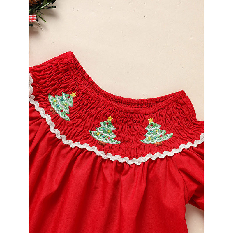 Toddler & Infant Girls Christmas Dress – Smocked Christmas Tree Embroidered Short Sleeve Party Dress