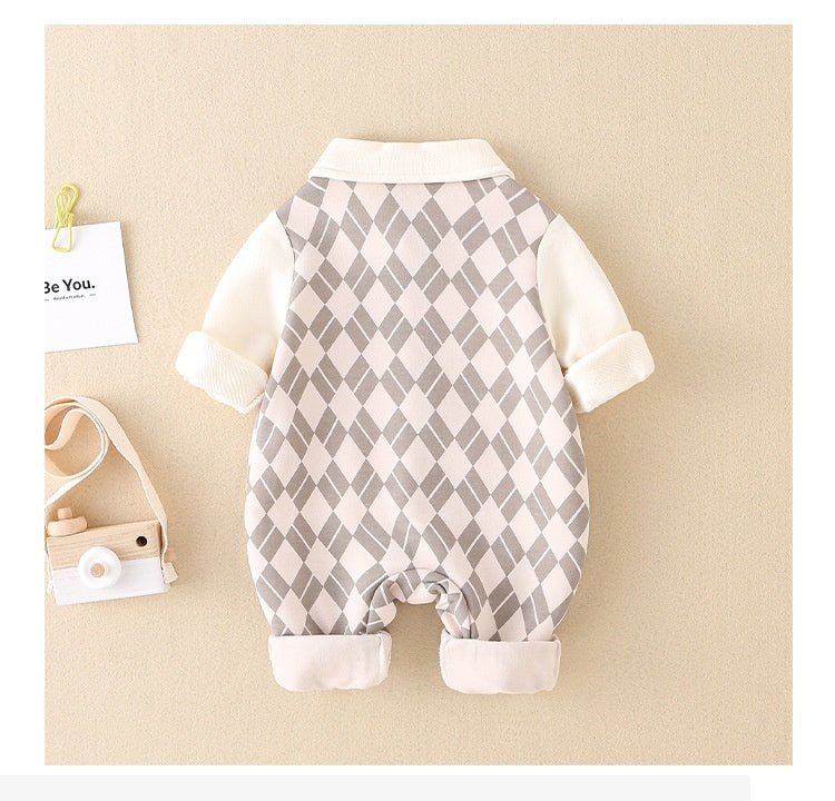 Autumn Baby Collared Jumpsuit with Bear Patch | Adorable Printed Baby Clothes