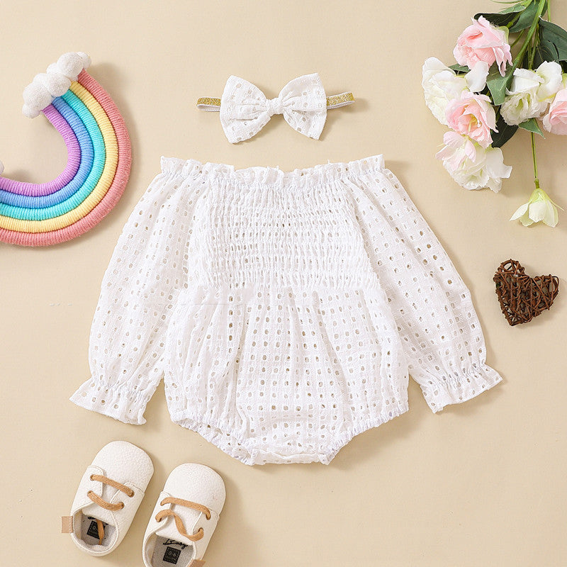 Baby Girl Cotton Mesh Smocked Off-Shoulder Long Sleeve Romper