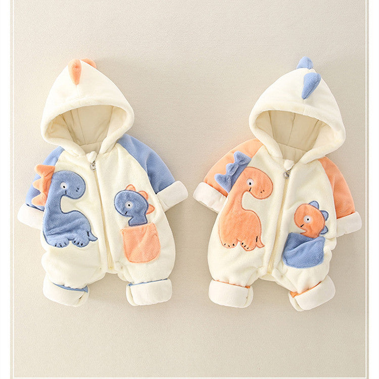 Newborn Baby Dino Fleece-Lined Thick Winter Jumpsuit