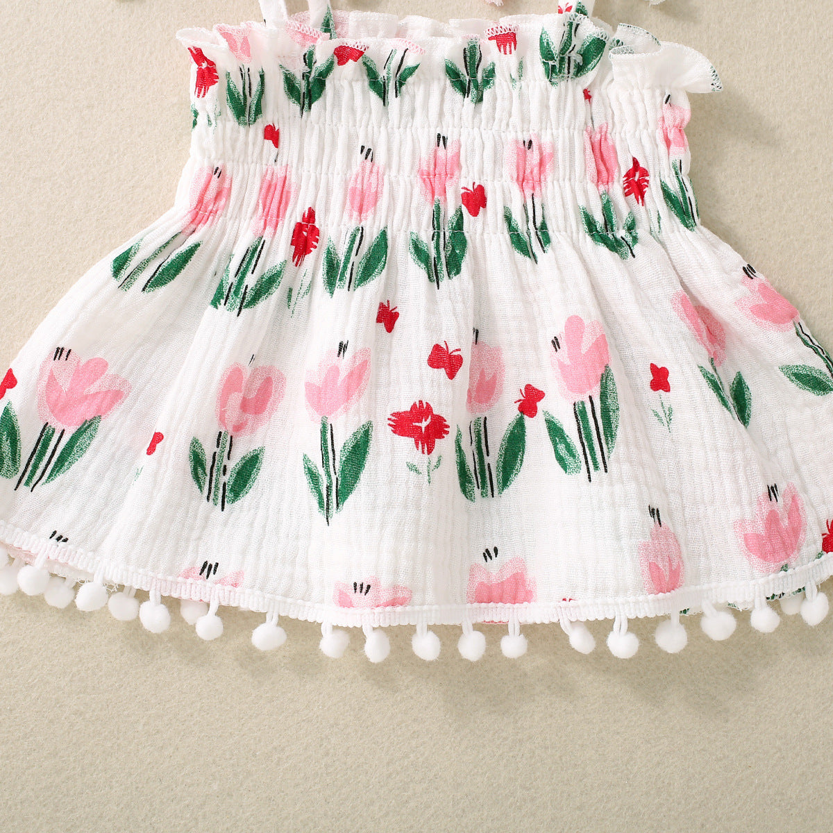 Adorable Baby Girl Floral Print Spaghetti Strap Pom Pom Lace Dress and Short Set