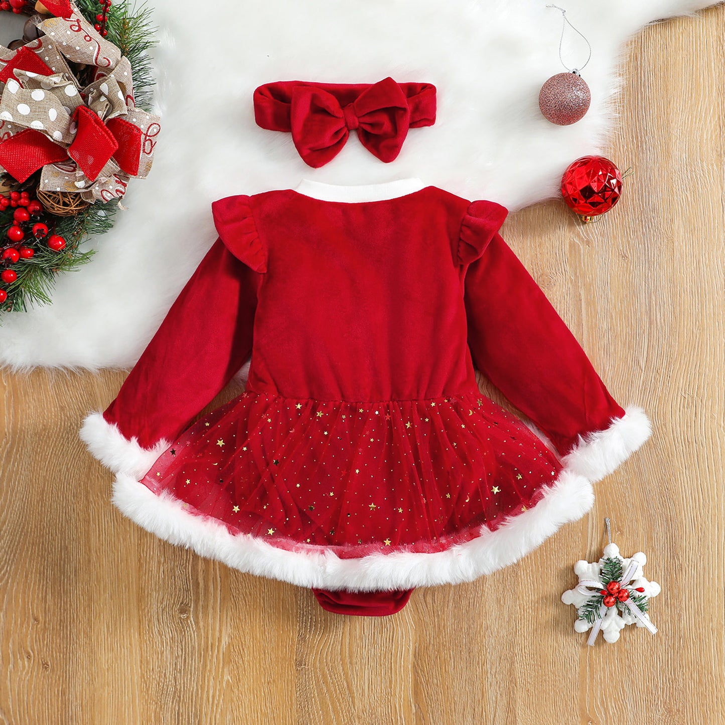 Christmas Baby Girl Red Romper with Hairband – Newborn to Toddler Holiday Outfit (0–24 Months)
