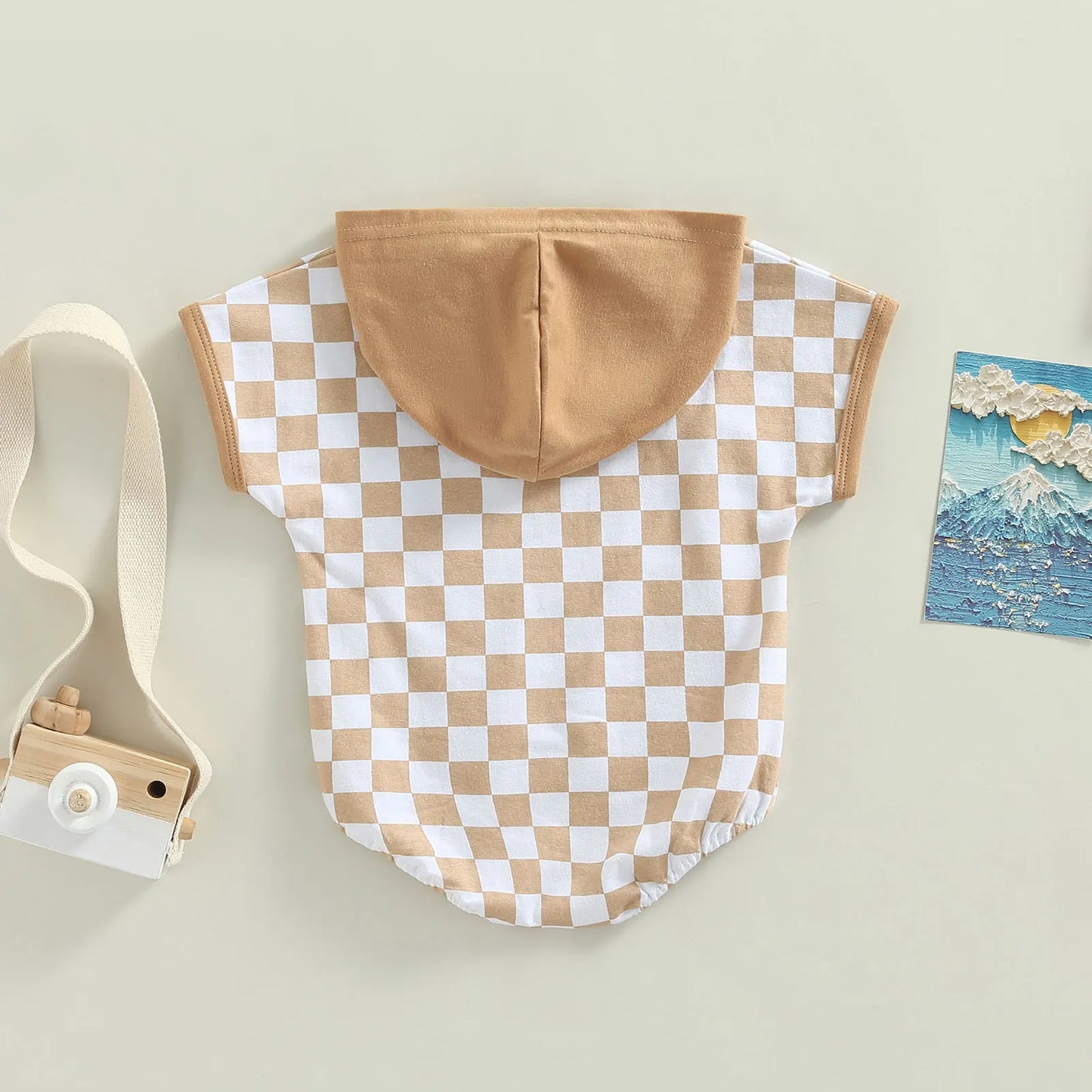 Chessboard Plaid Short Sleeve Hooded Romper: Stylish Comfort for Your Little One