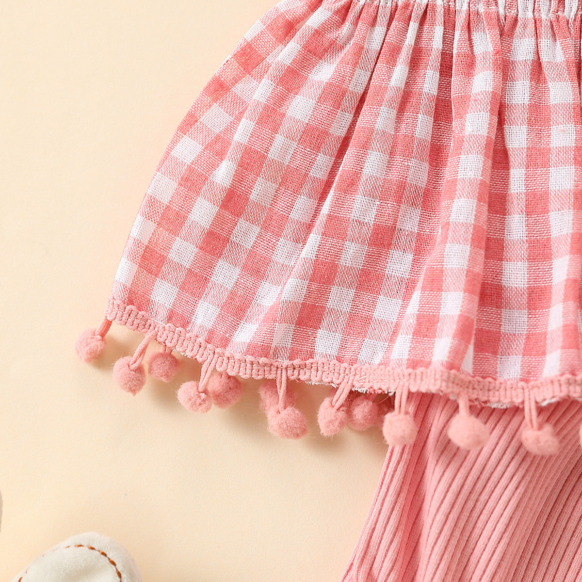 Charming Baby Girl Plaid Design Pom Pom Lace Dress and Short Set