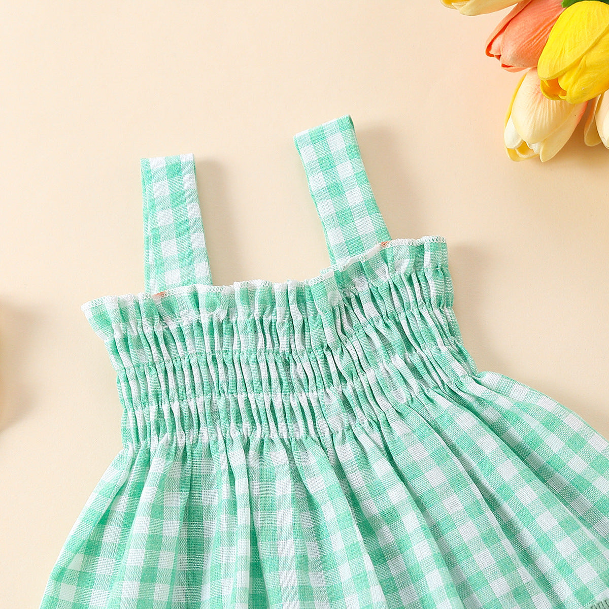 Charming Baby Girl Plaid Design Pom Pom Lace Dress and Short Set