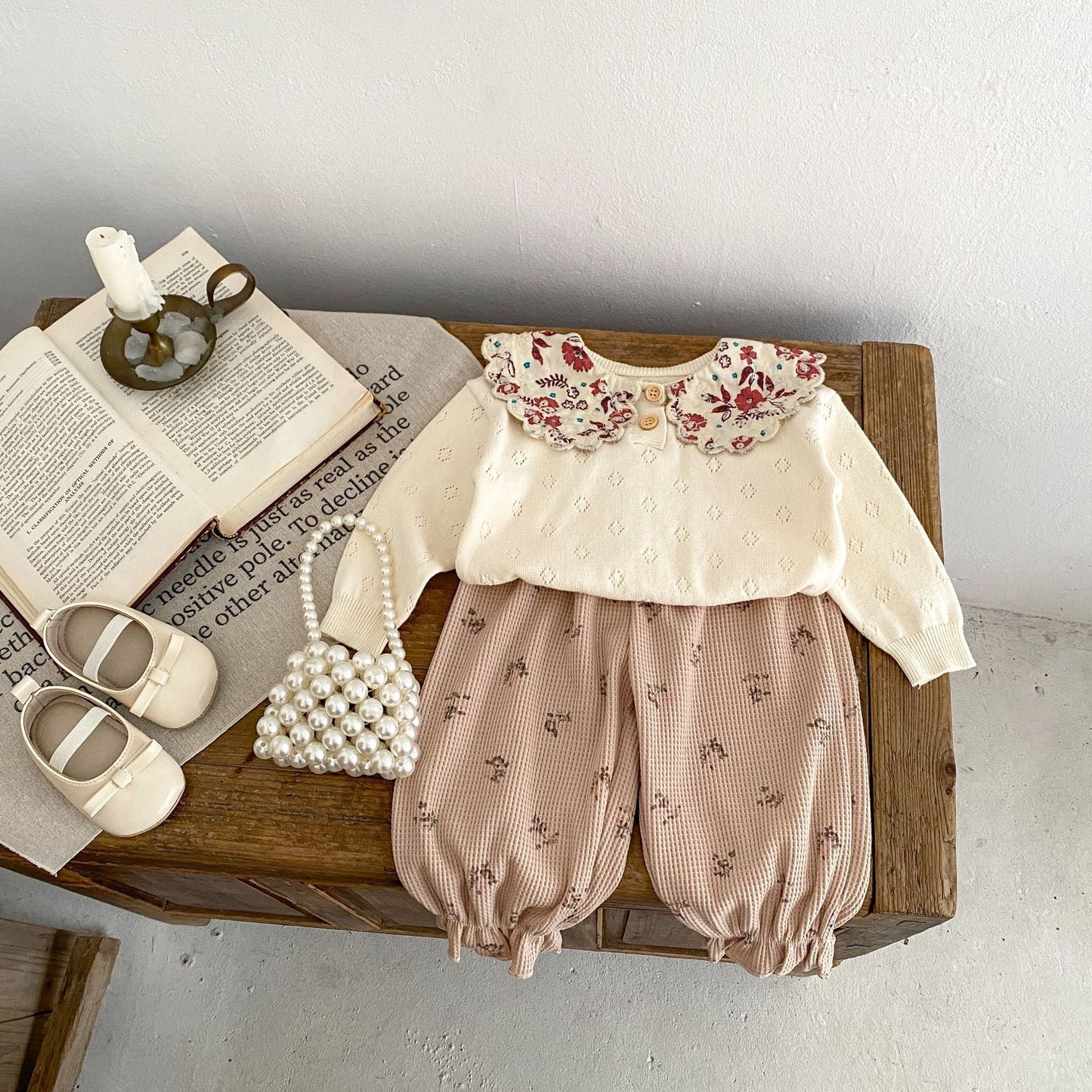 Baby Floral Waffle Print Elastic Cord Ankle-Tied Trousers