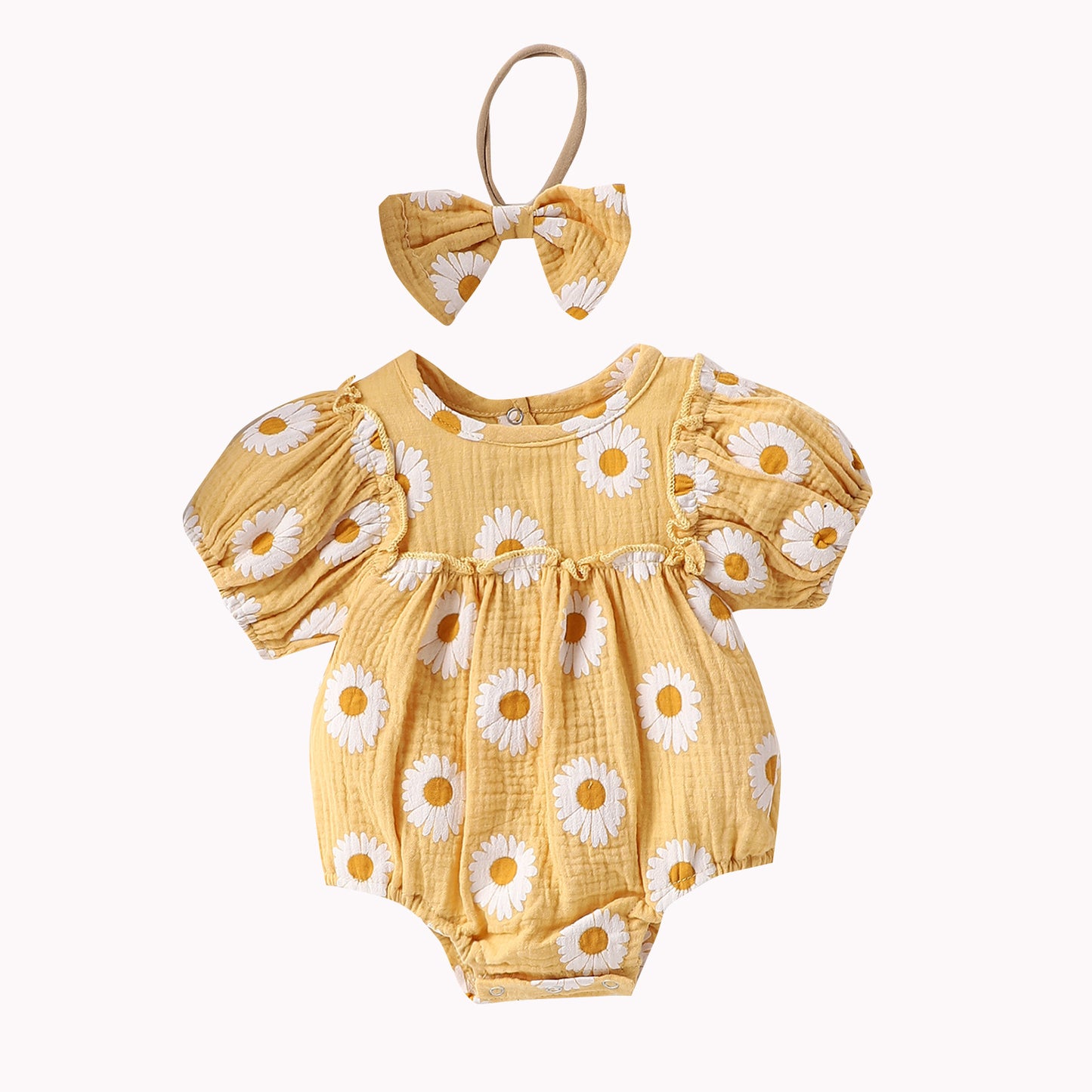 Summer Baby Girl Floral Puff Sleeve Romper Set with Headband | Adorable Prints