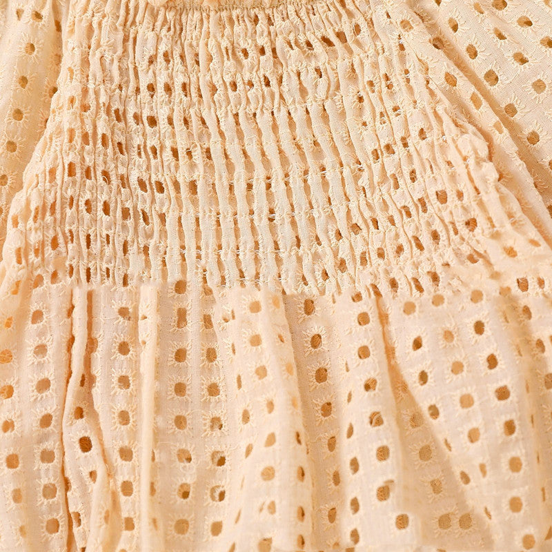 Baby Girl Cotton Mesh Smocked Off-Shoulder Long Sleeve Romper