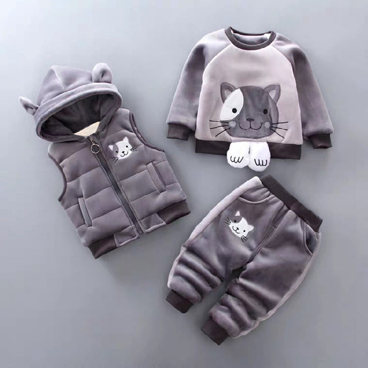 Adorable Baby Printed Hooded Sleeveless Vest Sweater and Trouser Set: Perfect for Your Little One's Comfort and Style