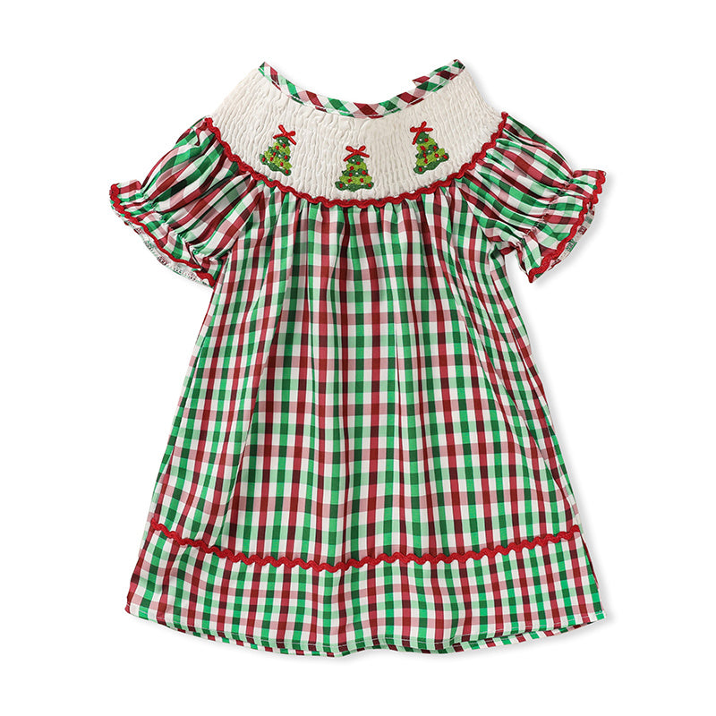 Baby & Toddler Girls Christmas Dress – Short Sleeve Plaid Party Dress with Embroidered Christmas Tree
