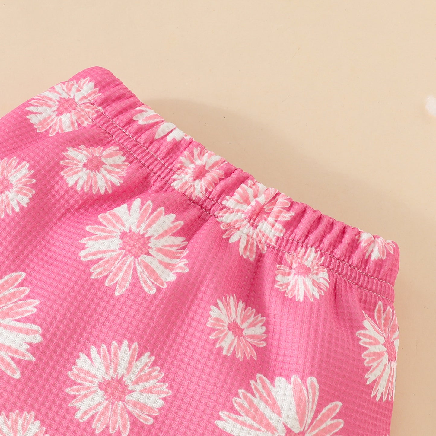 Stylish Floral Printed Waffle Spaghetti Strap Romper & Ruffled Shorts Set