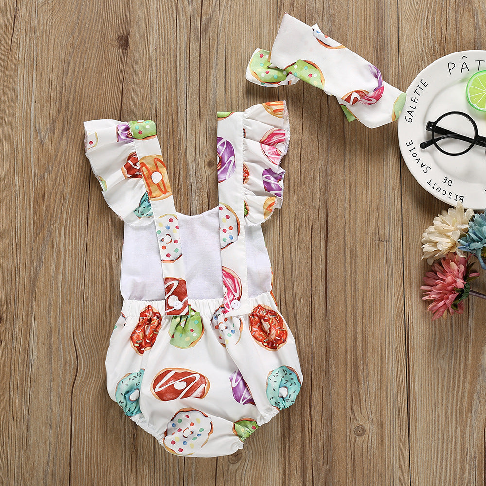 Sweet Style Alert: Girls' Donut Printed Ruffled Sleeve Romper With Headband Set