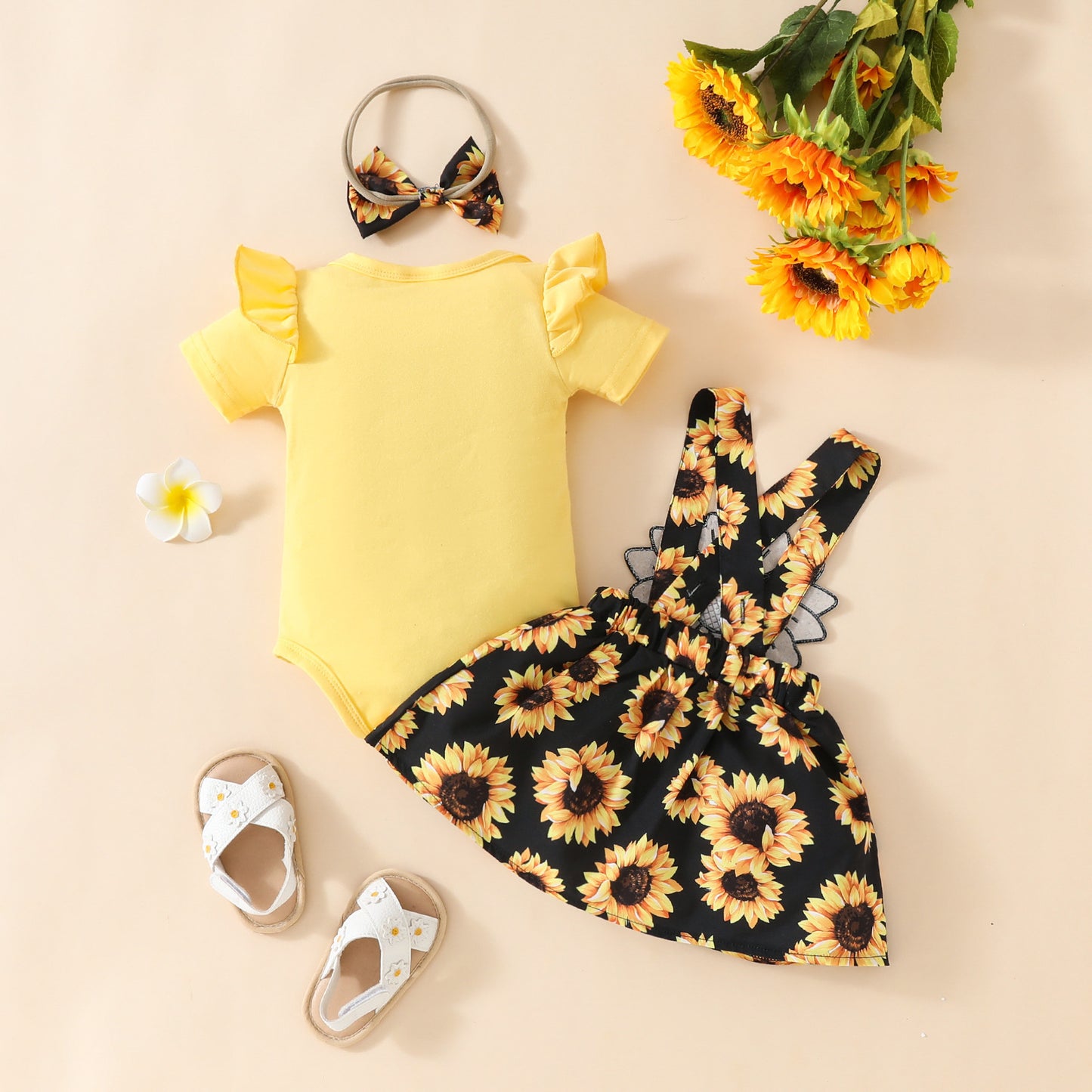 Adorable Baby Girl Sunflower Suspender Dress with Ruffled Shoulder Romper and Headband