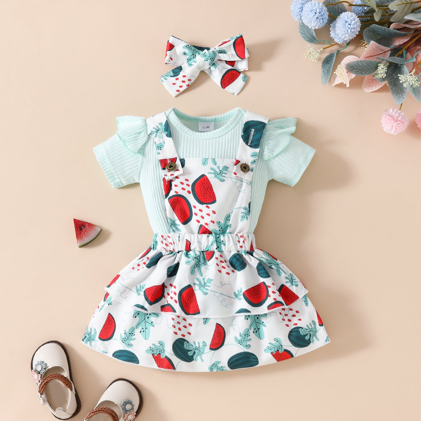 Baby Girl's Summer Short-sleeved Romper Wiot Suspender Skirt Floral Fruit Casual Skirt Suit