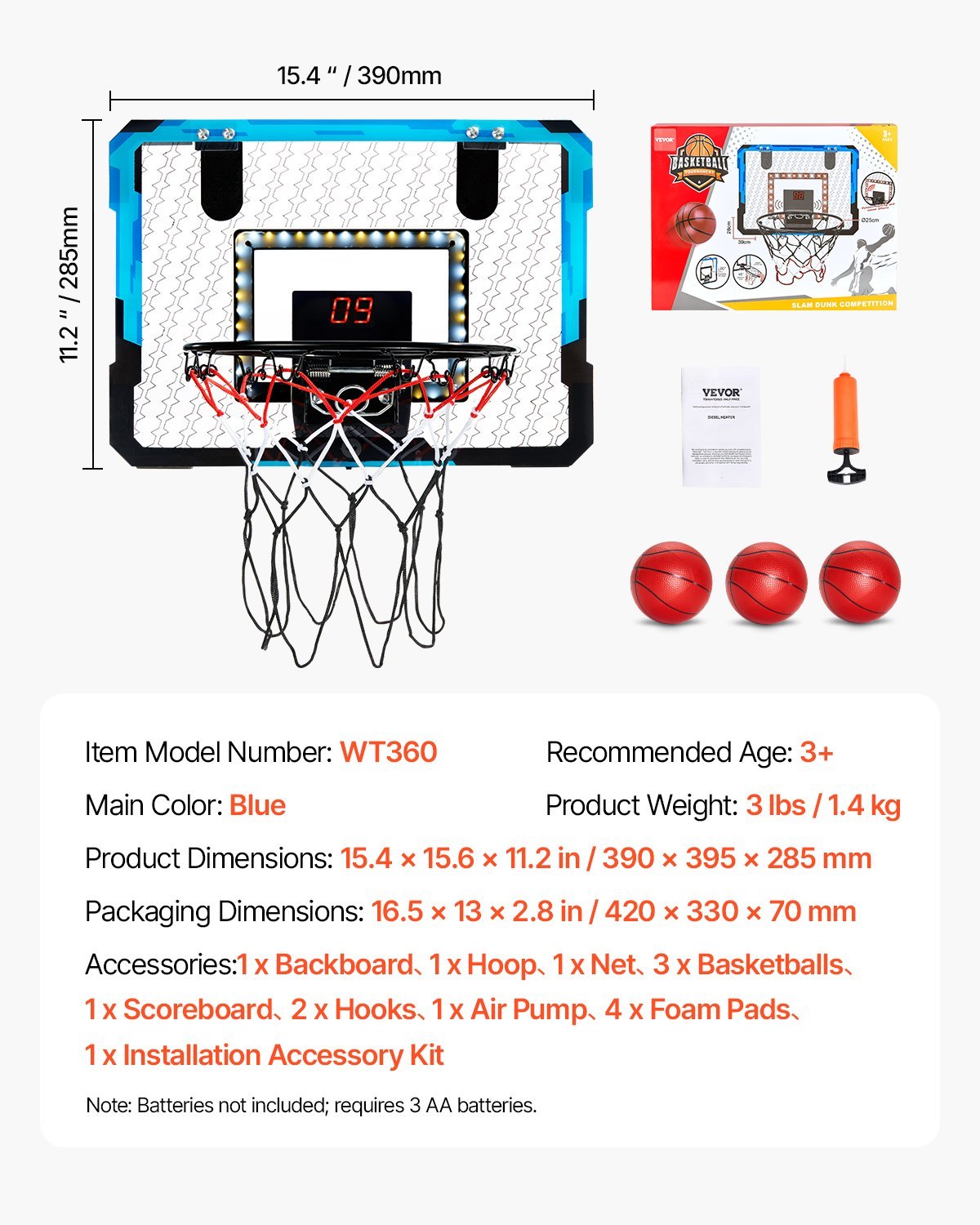 Kids Basketball Hoop with LED Lights & Audio Scoreboard – Indoor Mini Basketball Set