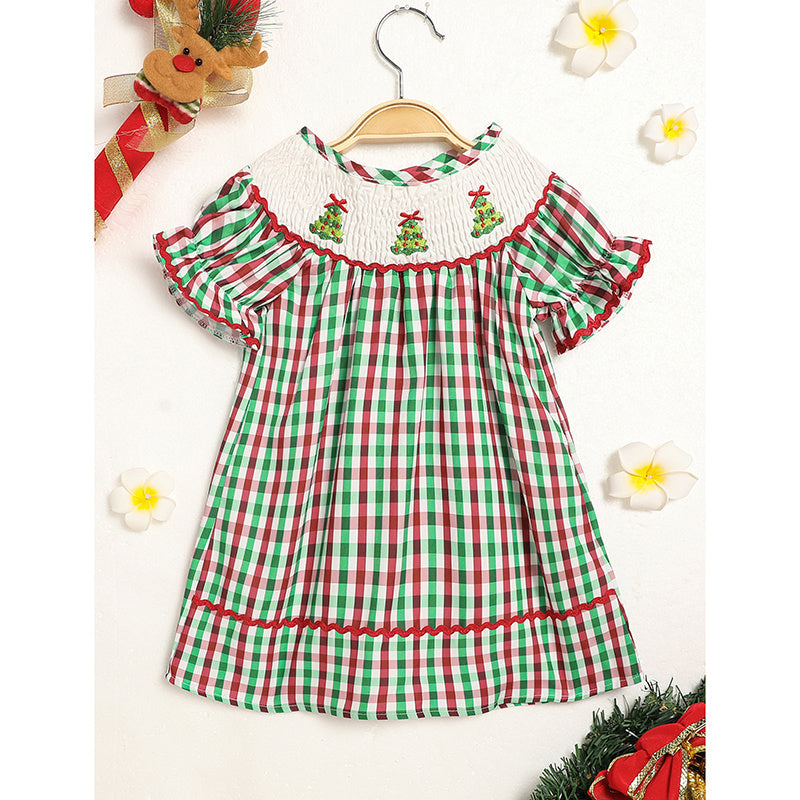 Baby & Toddler Girls Christmas Dress – Short Sleeve Plaid Party Dress with Embroidered Christmas Tree
