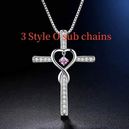 Infinity Love Cross Pendant Necklace – In God We Trust Christian Birthstone Heart Jewelry for Women with Crystal Zircon Gems