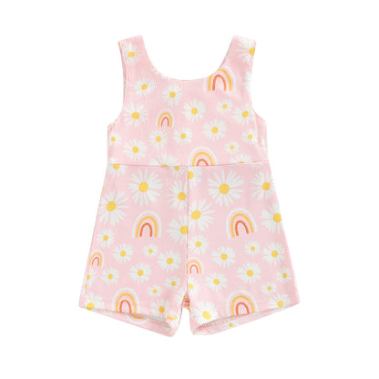 Colorful Sleeveless Printed Rainbow Sunken Stripe Flower Jumpsuit