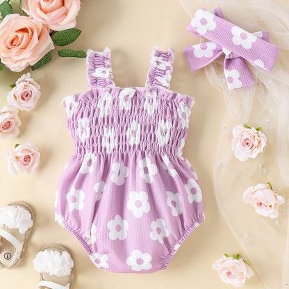 Summer Chic: Floral Printed Romper with Bow Headband for Babies