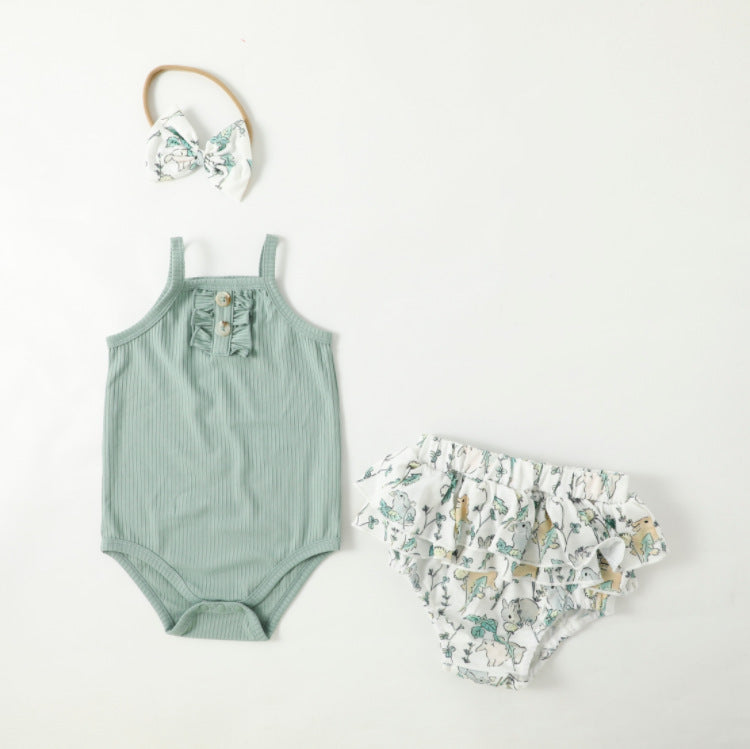 Adorable Summer Baby Girl Romper and Bloomers with Button Chest Design