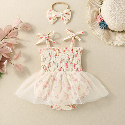 Adorable Baby Girl Floral Printed Spaghetti Strap Triangle Rompers with Tulle Skirt