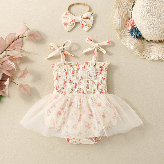 Adorable Baby Girl Floral Printed Spaghetti Strap Triangle Rompers with Tulle Skirt