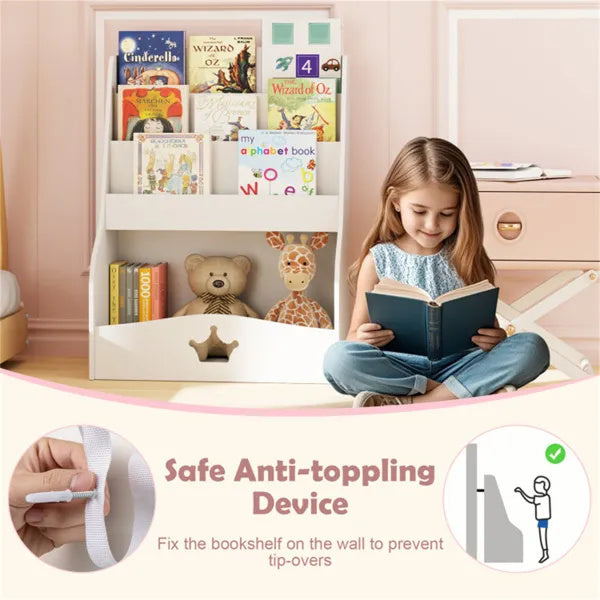 Kids 3-Tier Bookshelf & Toy Storage – White Shelf with Hidden Back Compartment
