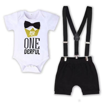 Cute Baby Romper with Bow Tie & Suspender Pants - Adorable Printed Outfit