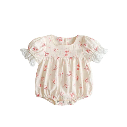 Discover Exquisite Elegance: Short Sleeve Triangle Romper with Foreign Style Floral Lace
