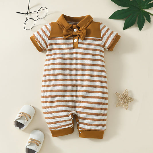 Stylish Baby Boy Waffle Stripe Short Sleeve Rompers | Fashionable Infant Wear