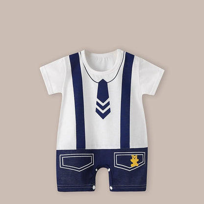 Cute Printed Baby Romper with Fake Suspender Design | Short Sleeve Newborn Outfit