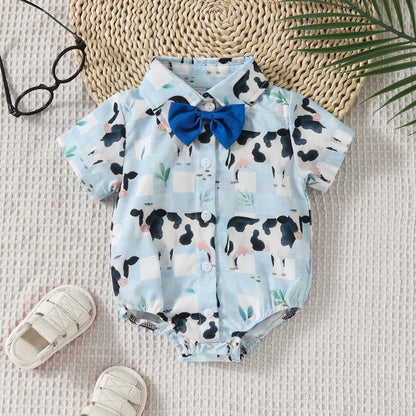 Printed Short Sleeve Lapel Bow Tie Jumpsuit: Stylish Infant Fashion