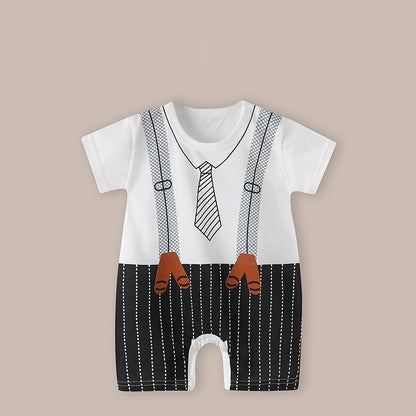 Cute Printed Baby Romper with Fake Suspender Design | Short Sleeve Newborn Outfit