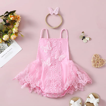 Enchanting Elegance: Girls' Butterfly Lace Spaghetti Strap Princess Dress with Headband