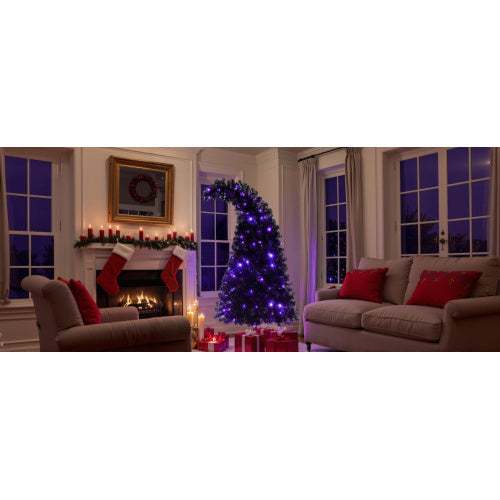 6FT Black Artificial Christmas Tree with LED Lights – Pre-Lit Curved Whimsical Xmas Tree, 900 Tips, Elegant Holiday Decoration