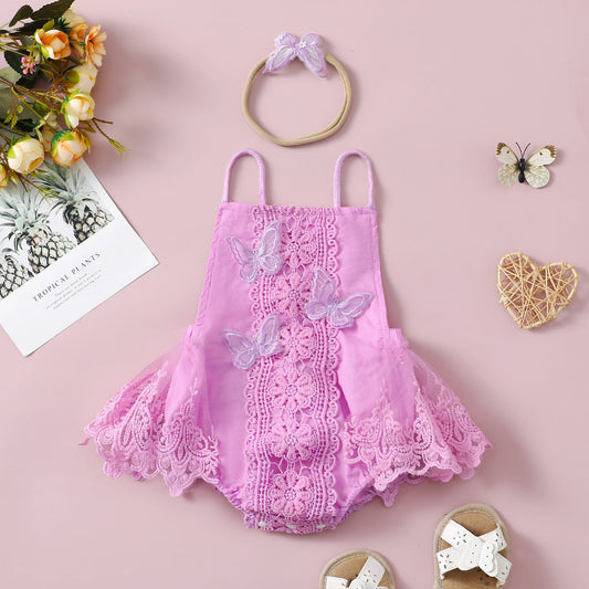 Enchanting Elegance: Girls' Butterfly Lace Spaghetti Strap Princess Dress with Headband