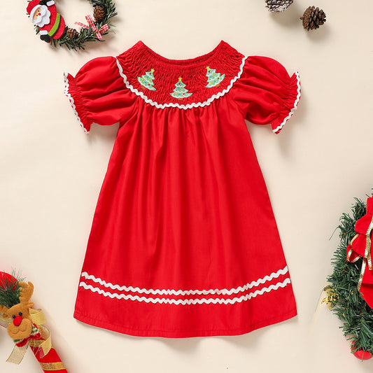 Toddler & Infant Girls Christmas Dress – Smocked Christmas Tree Embroidered Short Sleeve Party Dress